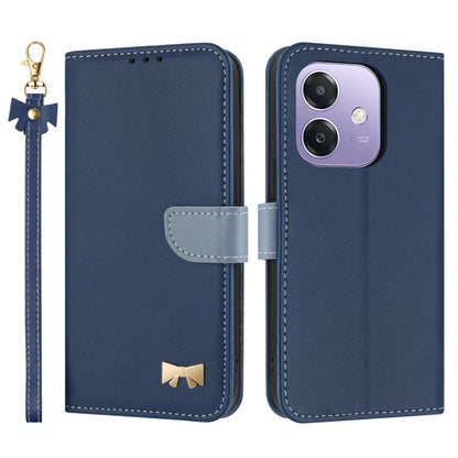 Dark blue leather phone case with metal bow and hand strap, flip cover with card holder