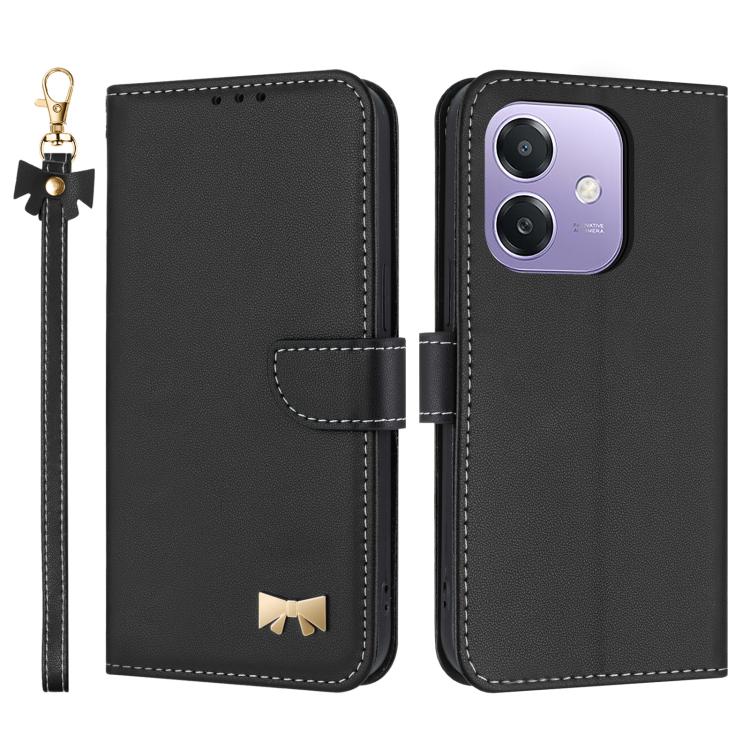 Black leather phone case with hand strap, folio flap, metal bow charm, card holder.