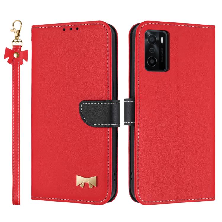 Metal Bow Leather Phone Case with Hand Strap, For OPPO A38 4G Global / A18, For OPPO Reno7 A / Reno9 A, For OPPO A58 4G Global, For OPPO A77 4G / A57 4G Global, For OPPO A36 4G / A76 / A96, For OPPO A16, For OPPO A55s 5G Japan