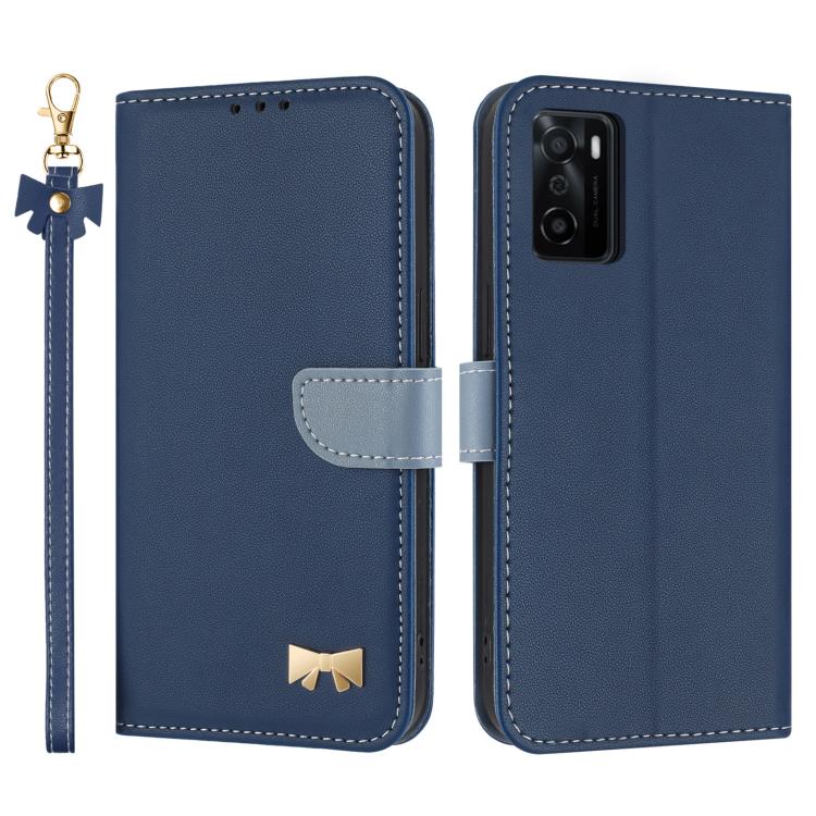 Metal Bow Leather Phone Case with Hand Strap, For OPPO A38 4G Global / A18, For OPPO Reno7 A / Reno9 A, For OPPO A58 4G Global, For OPPO A77 4G / A57 4G Global, For OPPO A36 4G / A76 / A96, For OPPO A16, For OPPO A55s 5G Japan