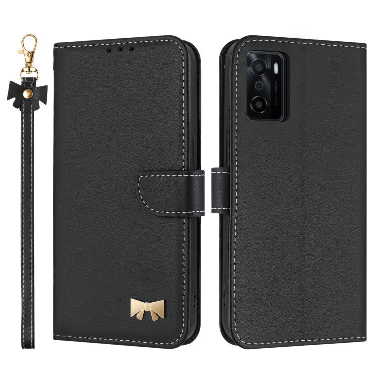 Metal Bow Leather Phone Case with Hand Strap, For OPPO A38 4G Global / A18, For OPPO Reno7 A / Reno9 A, For OPPO A58 4G Global, For OPPO A77 4G / A57 4G Global, For OPPO A36 4G / A76 / A96, For OPPO A16, For OPPO A55s 5G Japan