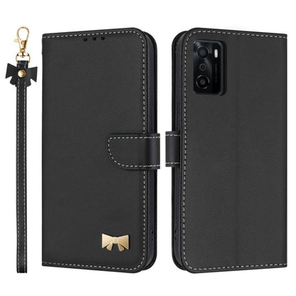 Metal Bow Leather Phone Case with Hand Strap, For OPPO A38 4G Global / A18, For OPPO Reno7 A / Reno9 A, For OPPO A58 4G Global, For OPPO A77 4G / A57 4G Global, For OPPO A36 4G / A76 / A96, For OPPO A16, For OPPO A55s 5G Japan