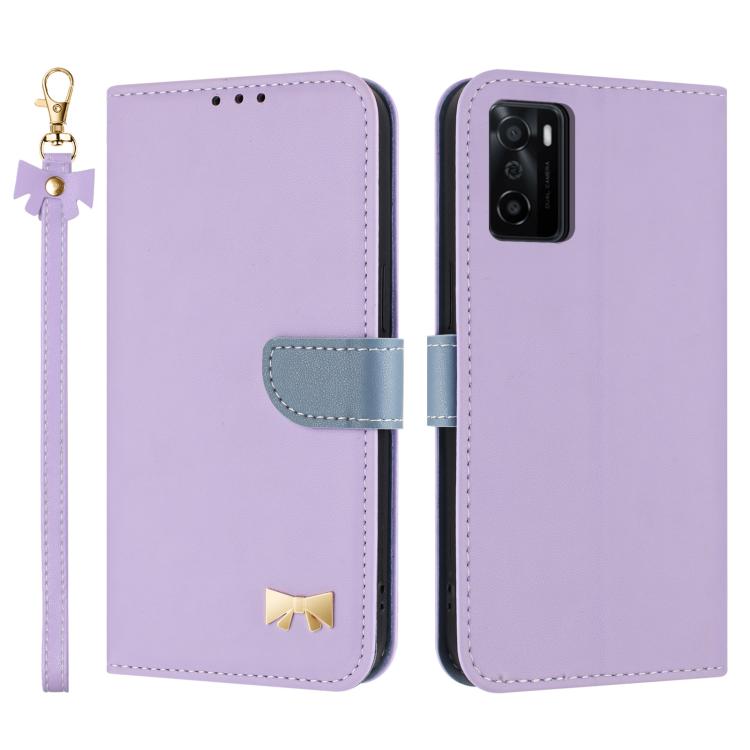 Metal Bow Leather Phone Case with Hand Strap, For OPPO A38 4G Global / A18, For OPPO Reno7 A / Reno9 A, For OPPO A58 4G Global, For OPPO A77 4G / A57 4G Global, For OPPO A36 4G / A76 / A96, For OPPO A16, For OPPO A55s 5G Japan