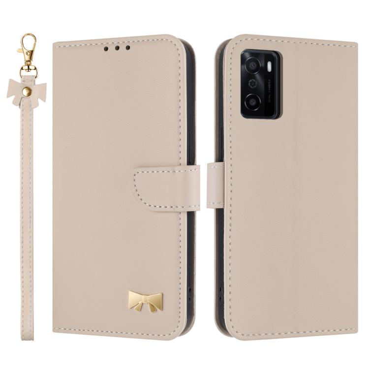 Metal Bow Leather Phone Case with Hand Strap, For OPPO A38 4G Global / A18, For OPPO Reno7 A / Reno9 A, For OPPO A58 4G Global, For OPPO A77 4G / A57 4G Global, For OPPO A36 4G / A76 / A96, For OPPO A16, For OPPO A55s 5G Japan