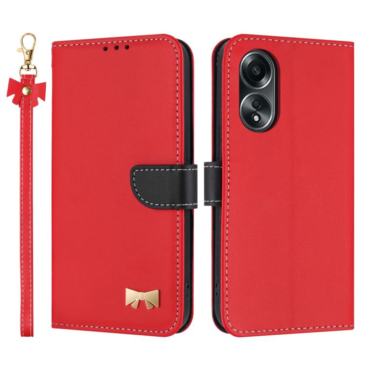 Metal Bow Leather Phone Case with Hand Strap, For OPPO A38 4G Global / A18, For OPPO Reno7 A / Reno9 A, For OPPO A58 4G Global, For OPPO A77 4G / A57 4G Global, For OPPO A36 4G / A76 / A96, For OPPO A16, For OPPO A55s 5G Japan
