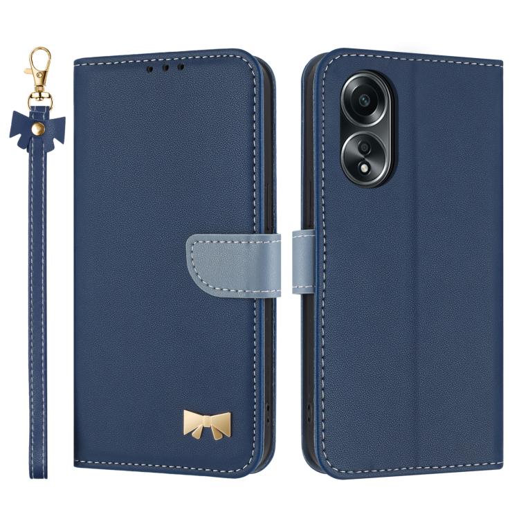 Metal Bow Leather Phone Case with Hand Strap, For OPPO A38 4G Global / A18, For OPPO Reno7 A / Reno9 A, For OPPO A58 4G Global, For OPPO A77 4G / A57 4G Global, For OPPO A36 4G / A76 / A96, For OPPO A16, For OPPO A55s 5G Japan