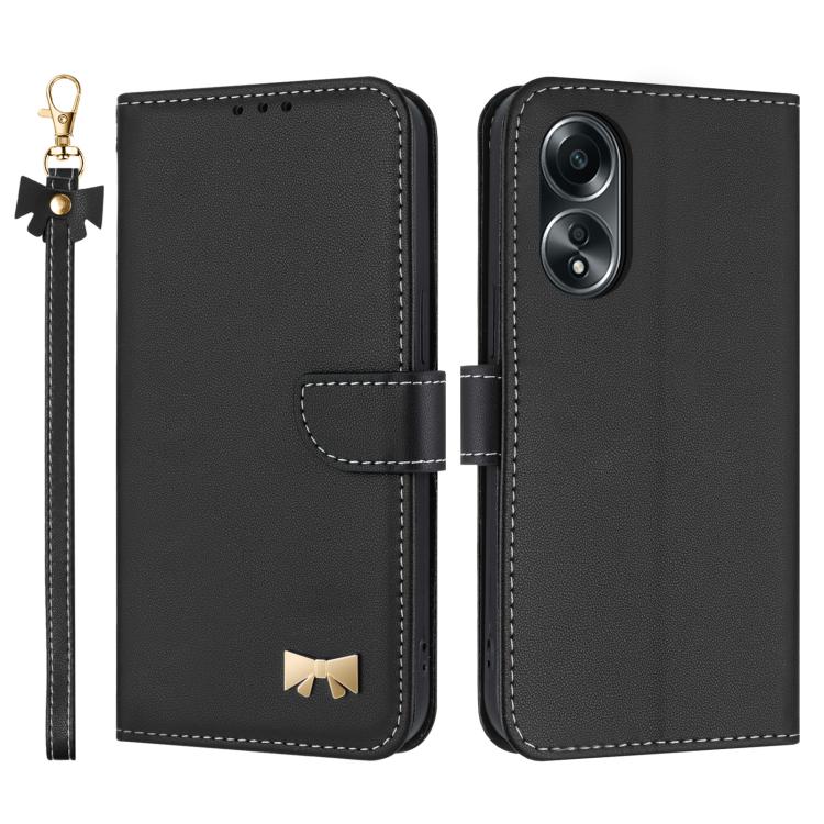 Metal Bow Leather Phone Case with Hand Strap, For OPPO A38 4G Global / A18, For OPPO Reno7 A / Reno9 A, For OPPO A58 4G Global, For OPPO A77 4G / A57 4G Global, For OPPO A36 4G / A76 / A96, For OPPO A16, For OPPO A55s 5G Japan