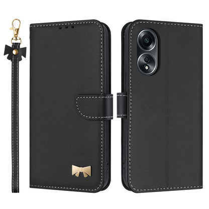 Metal Bow Leather Phone Case with Hand Strap, For OPPO A38 4G Global / A18, For OPPO Reno7 A / Reno9 A, For OPPO A58 4G Global, For OPPO A77 4G / A57 4G Global, For OPPO A36 4G / A76 / A96, For OPPO A16, For OPPO A55s 5G Japan