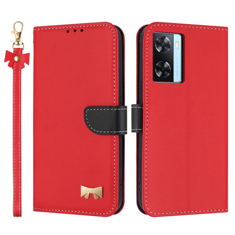 Metal Bow Leather Phone Case with Hand Strap, For OPPO A38 4G Global / A18, For OPPO Reno7 A / Reno9 A, For OPPO A58 4G Global, For OPPO A77 4G / A57 4G Global, For OPPO A36 4G / A76 / A96, For OPPO A16, For OPPO A55s 5G Japan