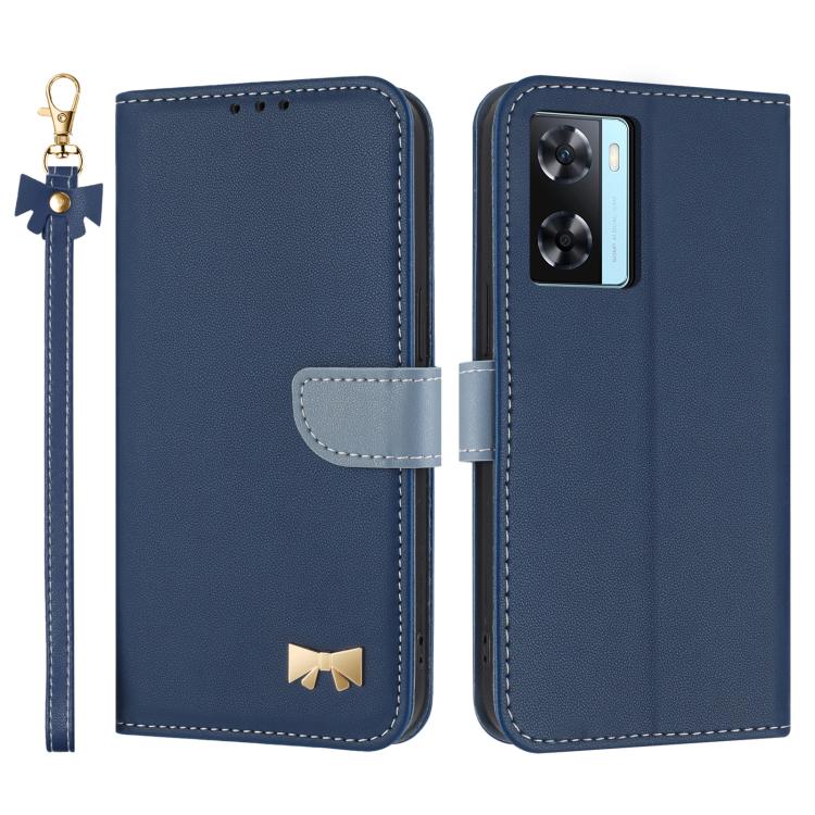 Metal Bow Leather Phone Case with Hand Strap, For OPPO A38 4G Global / A18, For OPPO Reno7 A / Reno9 A, For OPPO A58 4G Global, For OPPO A77 4G / A57 4G Global, For OPPO A36 4G / A76 / A96, For OPPO A16, For OPPO A55s 5G Japan