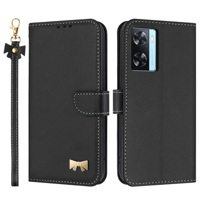 Metal Bow Leather Phone Case with Hand Strap, For OPPO A38 4G Global / A18, For OPPO Reno7 A / Reno9 A, For OPPO A58 4G Global, For OPPO A77 4G / A57 4G Global, For OPPO A36 4G / A76 / A96, For OPPO A16, For OPPO A55s 5G Japan