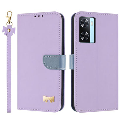 Metal Bow Leather Phone Case with Hand Strap, For OPPO A38 4G Global / A18, For OPPO Reno7 A / Reno9 A, For OPPO A58 4G Global, For OPPO A77 4G / A57 4G Global, For OPPO A36 4G / A76 / A96, For OPPO A16, For OPPO A55s 5G Japan