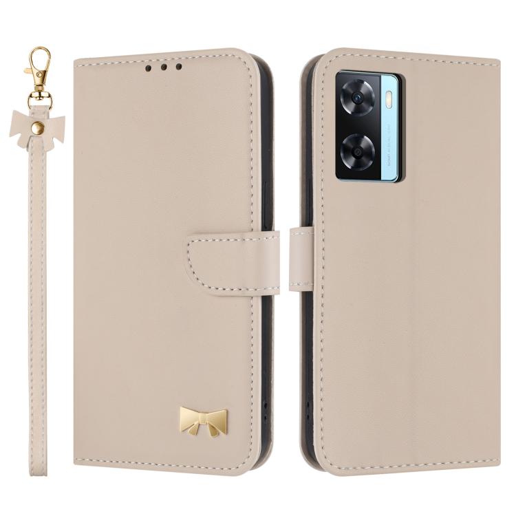 Metal Bow Leather Phone Case with Hand Strap, For OPPO A38 4G Global / A18, For OPPO Reno7 A / Reno9 A, For OPPO A58 4G Global, For OPPO A77 4G / A57 4G Global, For OPPO A36 4G / A76 / A96, For OPPO A16, For OPPO A55s 5G Japan