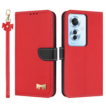 Red leather phone case with wrist strap, flip cover, and gold bow emblem