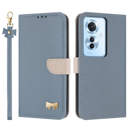 Light blue leather phone case with wrist strap and flip cover, showing camera cutout