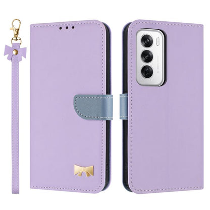 Purple leather phone case with hand strap and bow charm, showing camera cutout
