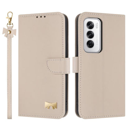 Beige leather phone case with wrist strap, flip cover, and gold bow detail