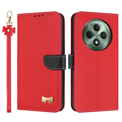 Red leather phone case with hand strap, folio flap, metal bow charm, card holder.