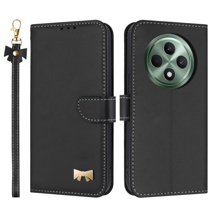 Black leather phone case with hand strap, folio flap, metal bow charm, camera cutout.