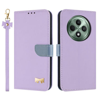 Purple leather phone case with hand strap, folio flap, metal bow charm, camera cutout.