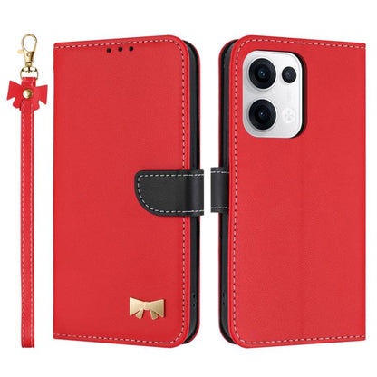 Red leather phone case with hand strap and metal bow charm, front and back view