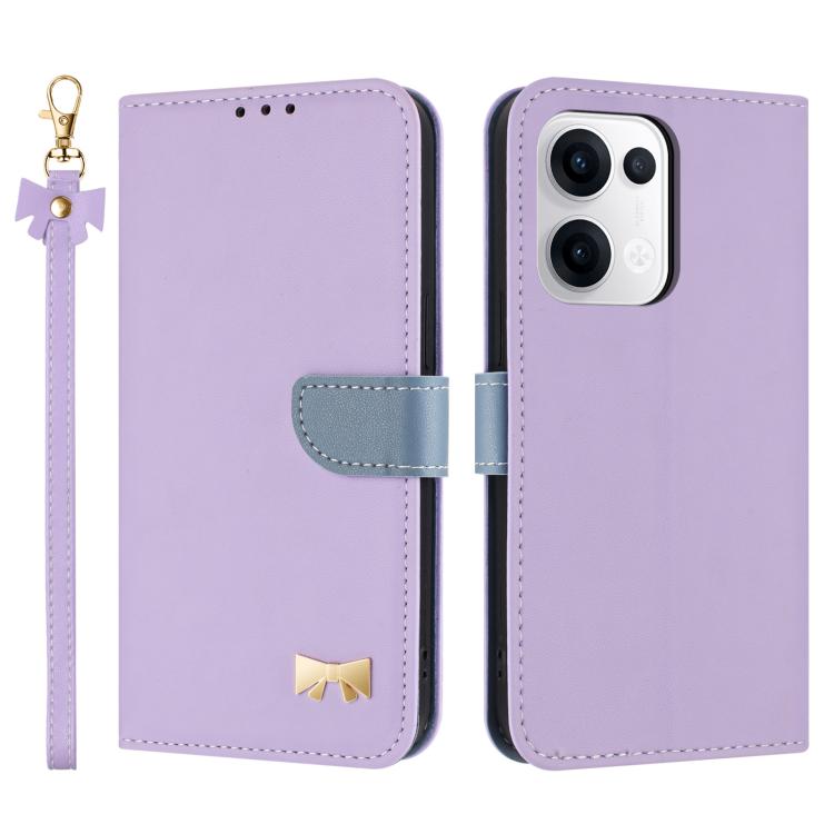 Purple leather phone case with hand strap and metal bow charm, front and back view