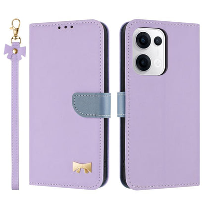 Purple leather phone case with hand strap and metal bow charm, front and back view