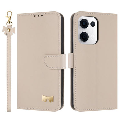 Beige leather phone case with metal bow and hand strap, flip cover with card holder