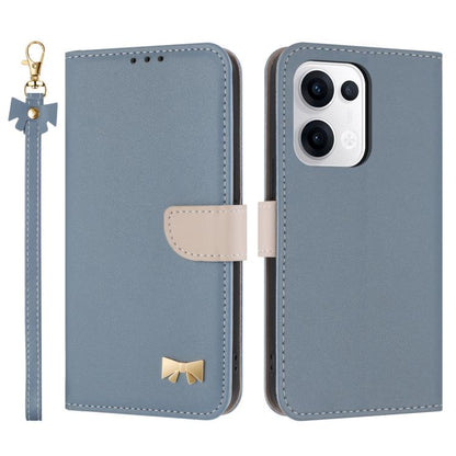 Light blue leather phone case with metal bow and hand strap, flip cover with card holder