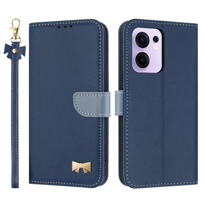 Dark blue leather phone case with metal bow and hand strap, flip cover with card holder
