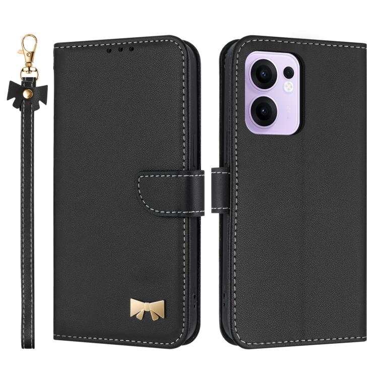 Black leather phone case with metal bow and hand strap, flip cover with card holder