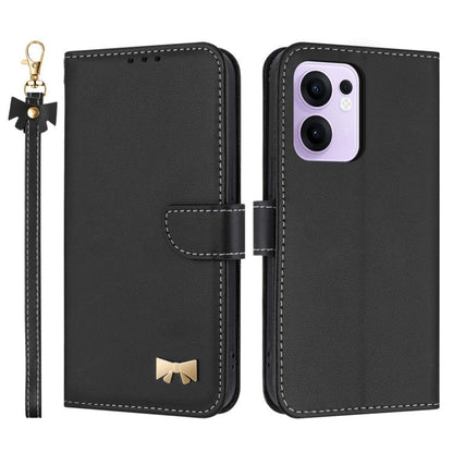 Black leather phone case with metal bow and hand strap, flip cover with card holder