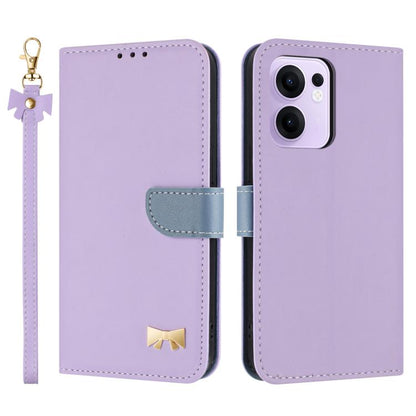 Purple leather phone case with metal bow and hand strap, flip cover with card holder