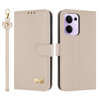 Beige leather phone case with metal bow and hand strap, flip cover with card holder