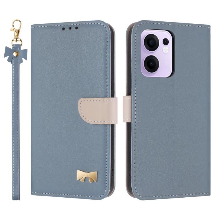 Light blue leather phone case with metal bow and hand strap, flip cover with card holder
