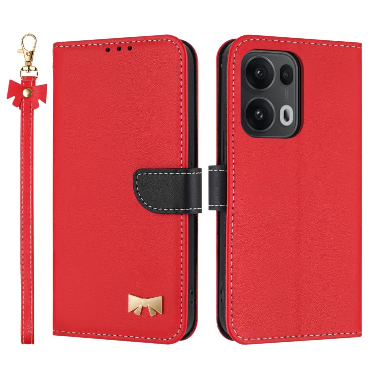 Red leather phone case with hand strap and metal bow charm, front and back view