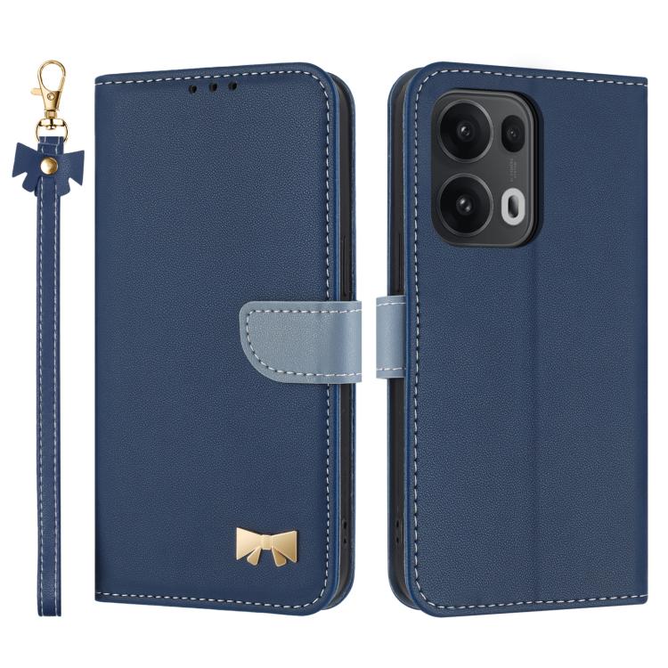 Dark blue leather phone case with hand strap and metal bow charm, front and back view