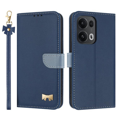 Dark blue leather phone case with hand strap and metal bow charm, front and back view