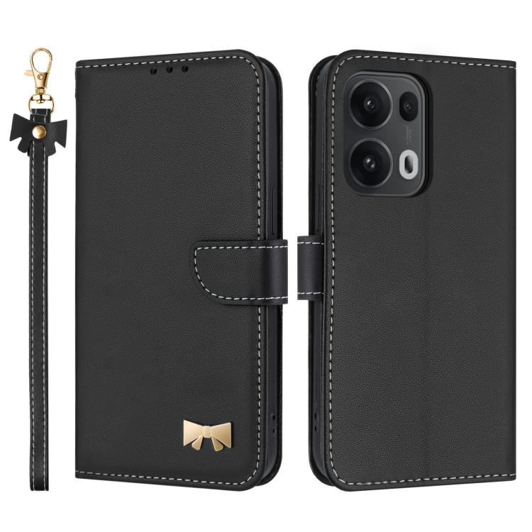 Black leather phone case with hand strap and metal bow charm, front and back view