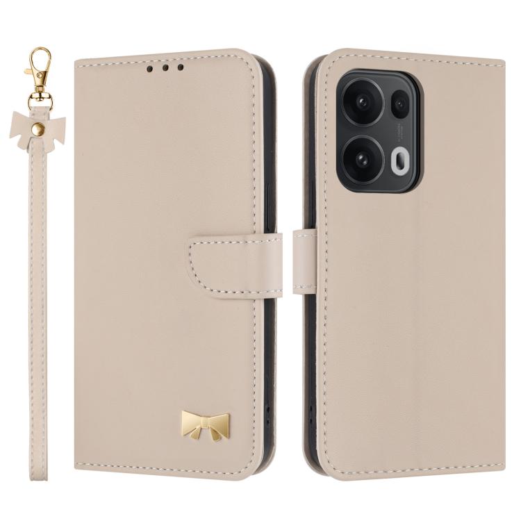 Apricot leather phone case with hand strap and metal bow charm, front and back view