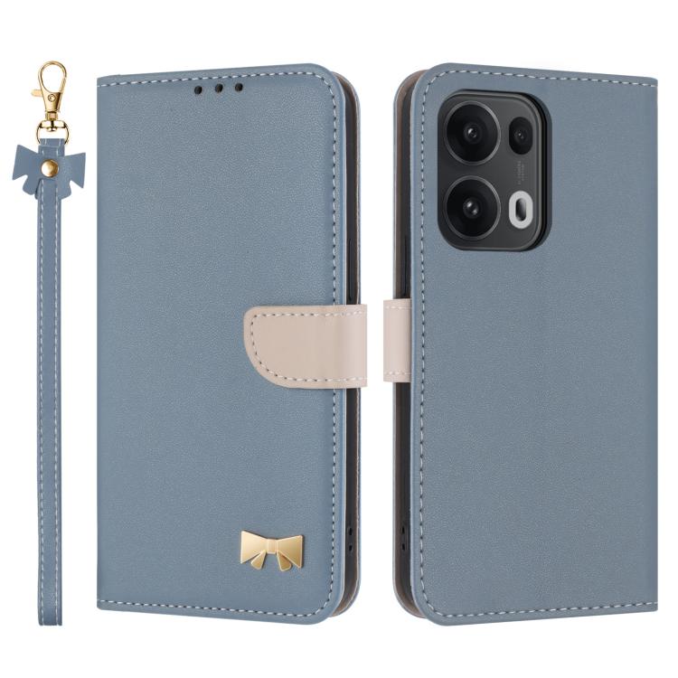 Light blue leather phone case with hand strap and metal bow charm, front and back view