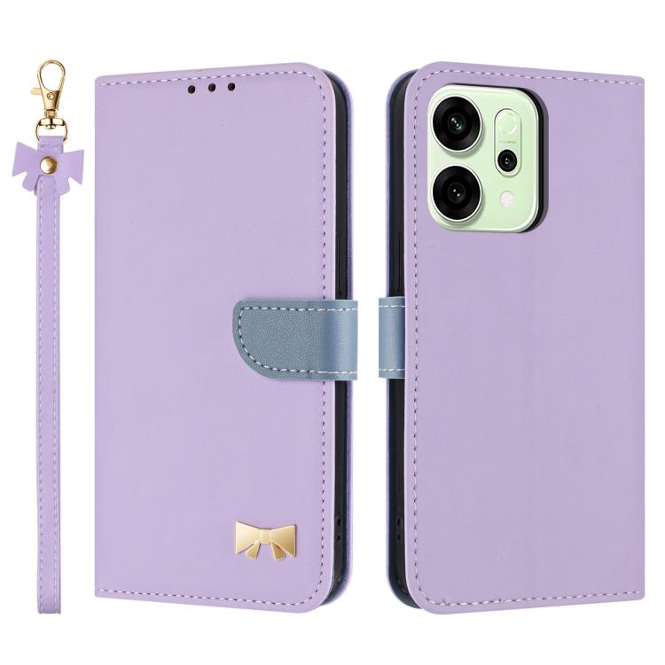 Lilac leather-style phone case with wrist strap, folio flap, and gold bow emblem