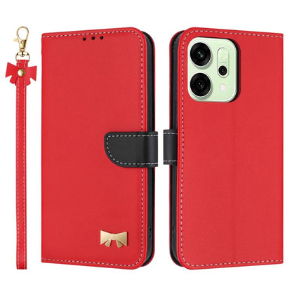 Red leather phone case with wrist strap and bow charm, folio flap and camera cutout