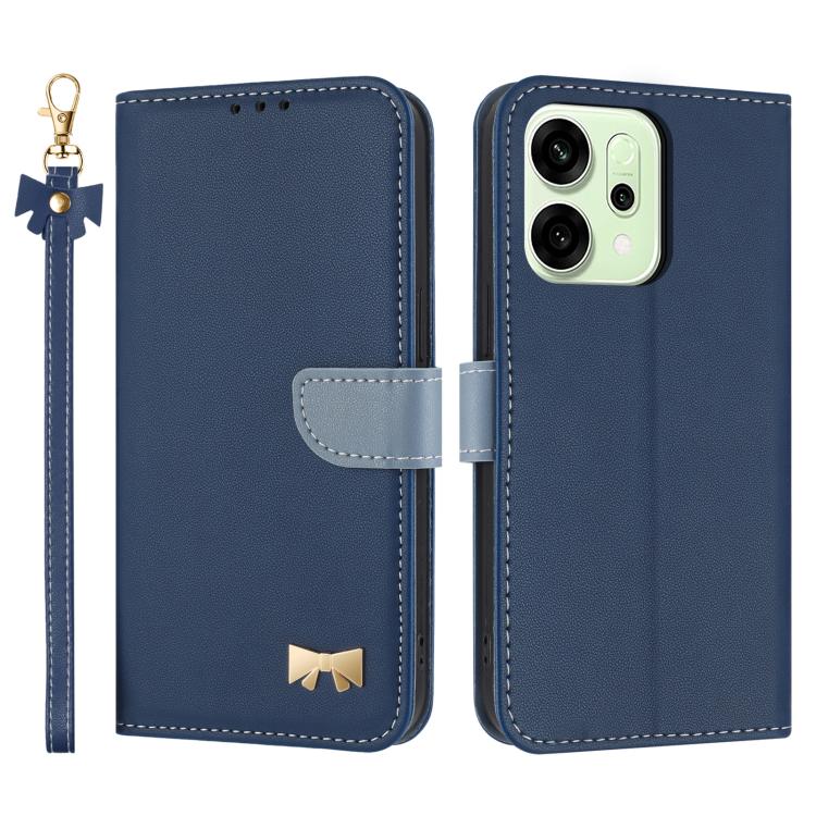 Blue leather phone case with wrist strap and bow charm, folio flap and camera cutout