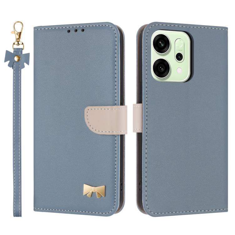 Blue leather phone case with wrist strap and bow charm, folio flap and dual camera cutout