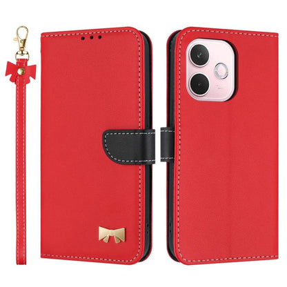 Red leather-style phone case with wrist strap, folio flap, and gold bow emblem