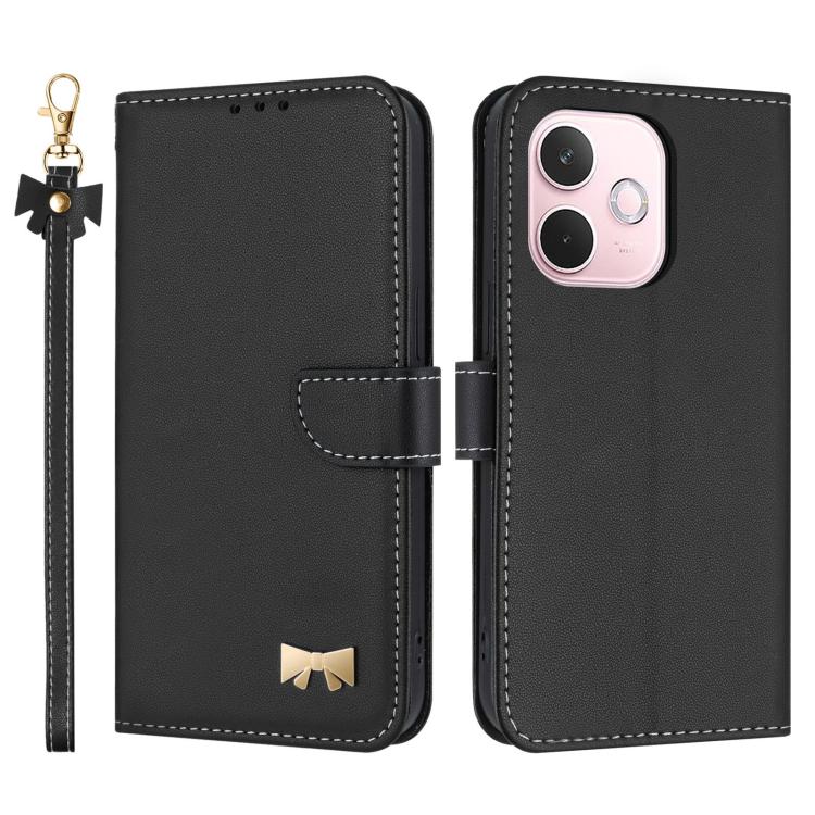 Black leather-style phone case with wrist strap, folio flap, and gold bow emblem