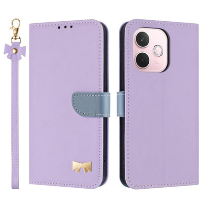 Lilac leather-style phone case with wrist strap, folio flap, and gold bow emblem