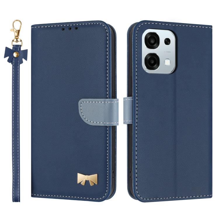 Dark blue leather folio phone case with metal bow charm and wrist strap, flip cover