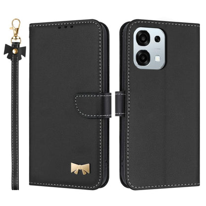 Black leather folio phone case with metal bow charm and wrist strap, flip cover